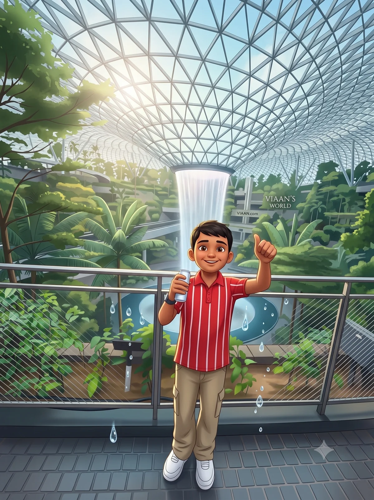 Illustration of Viaan giving a thumbs up in front of the 40-metre Rain Vortex waterfall inside Jewel Changi Airport, Singapore